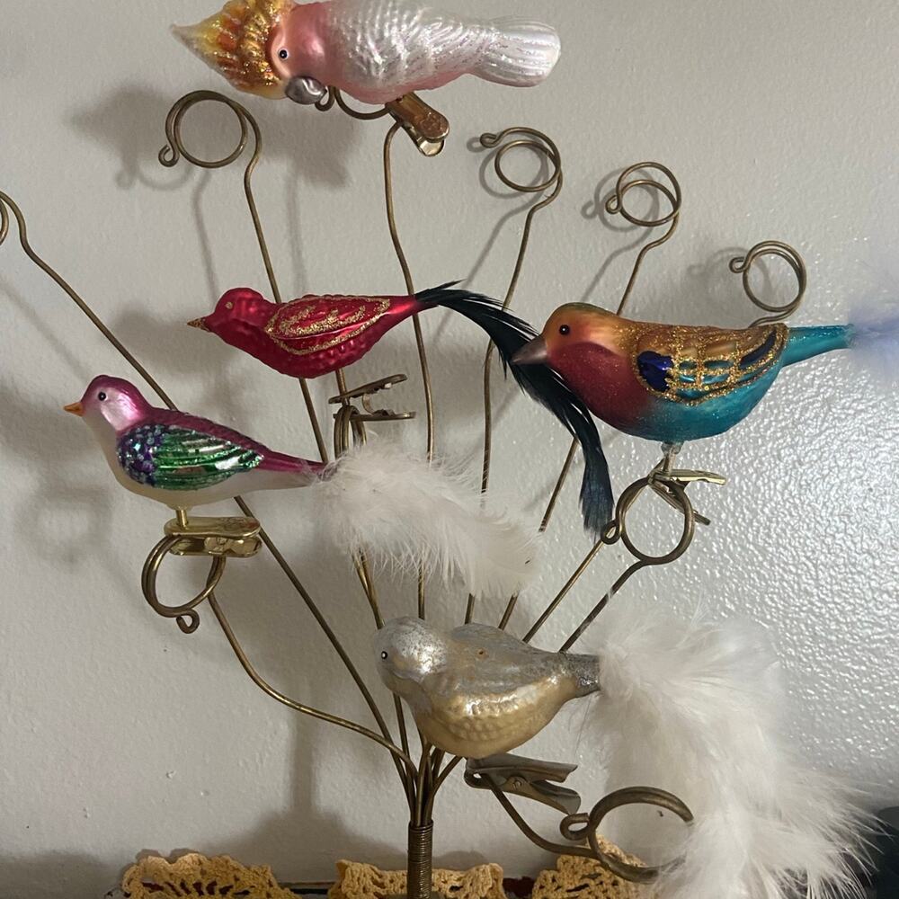 Vintage Clip On Bird Ornaments Blow Glass Feathers Resin Set of 6